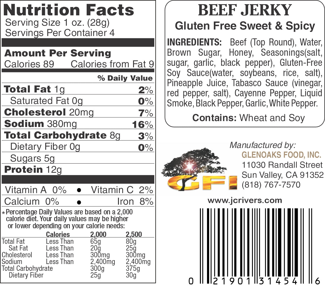 Nutrition facts label and ingredients list for beef jerky with a GFI logo.