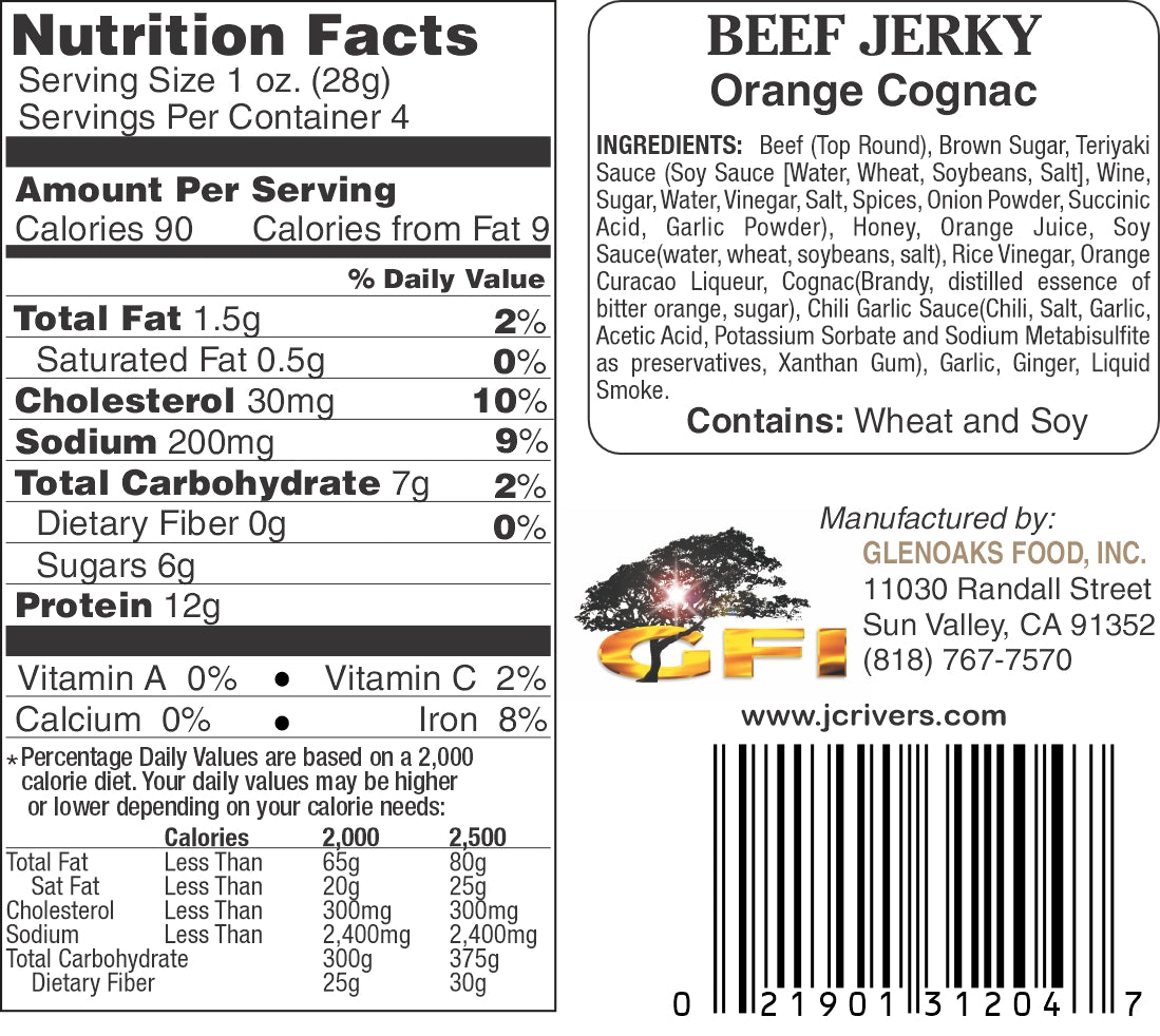 Nutrition label for Beef Jerky with ingredients and manufacturing details.