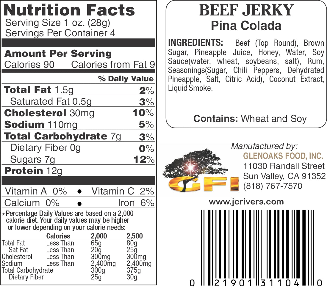 Nutrition facts label and ingredients list for Pina Colada beef jerky.