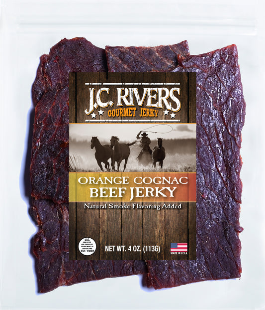 J.C. Rivers Orange Cognac Beef Jerky package on a white background