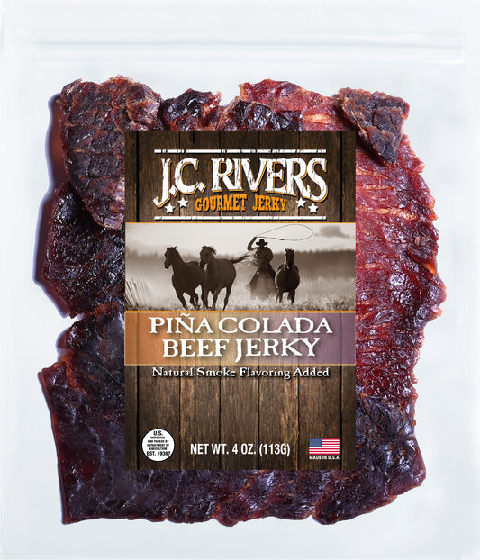 Packaged Pina Colada Beef Jerky from J.C. Rivers Gourmet Jerky on a white background