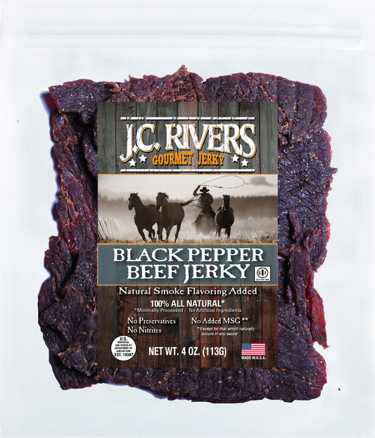 J.C. Rivers Black Pepper Beef Jerky package on a white background