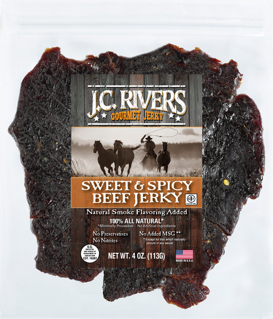 J.C. Rivers Sweet & Spicy Beef Jerky package on a white background