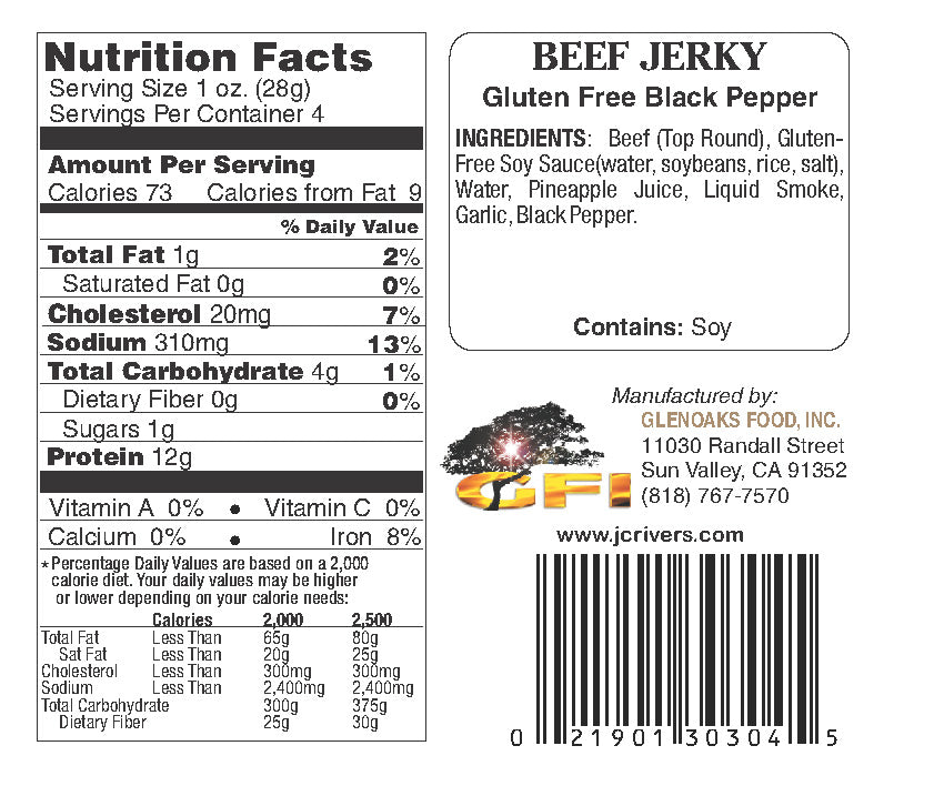 Nutrition facts label and ingredients list for beef jerky on a white background