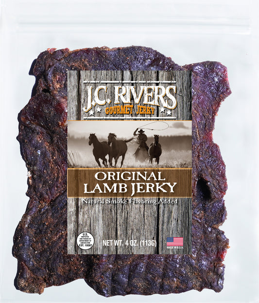 J.C. Rivers Gourmet Jerky Original Lamb Jerky package on a white background