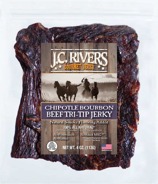J.C. Rivers Chipotle Bourbon Beef Tri-Tip Jerky package on a white background
