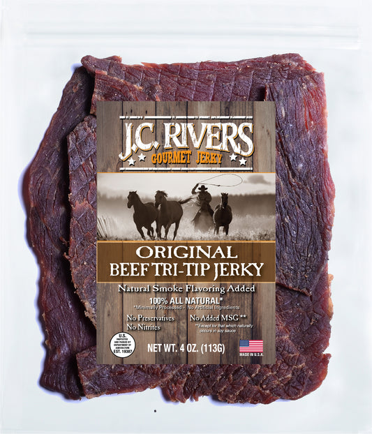J.C. Rivers Gourmet Jerky Original Beef Tri-Tip Jerky packaging on a white background