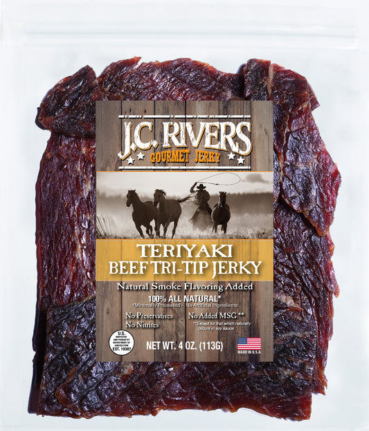 J.C. Rivers Teriyaki Beef Tri-Tip Jerky package on a white background