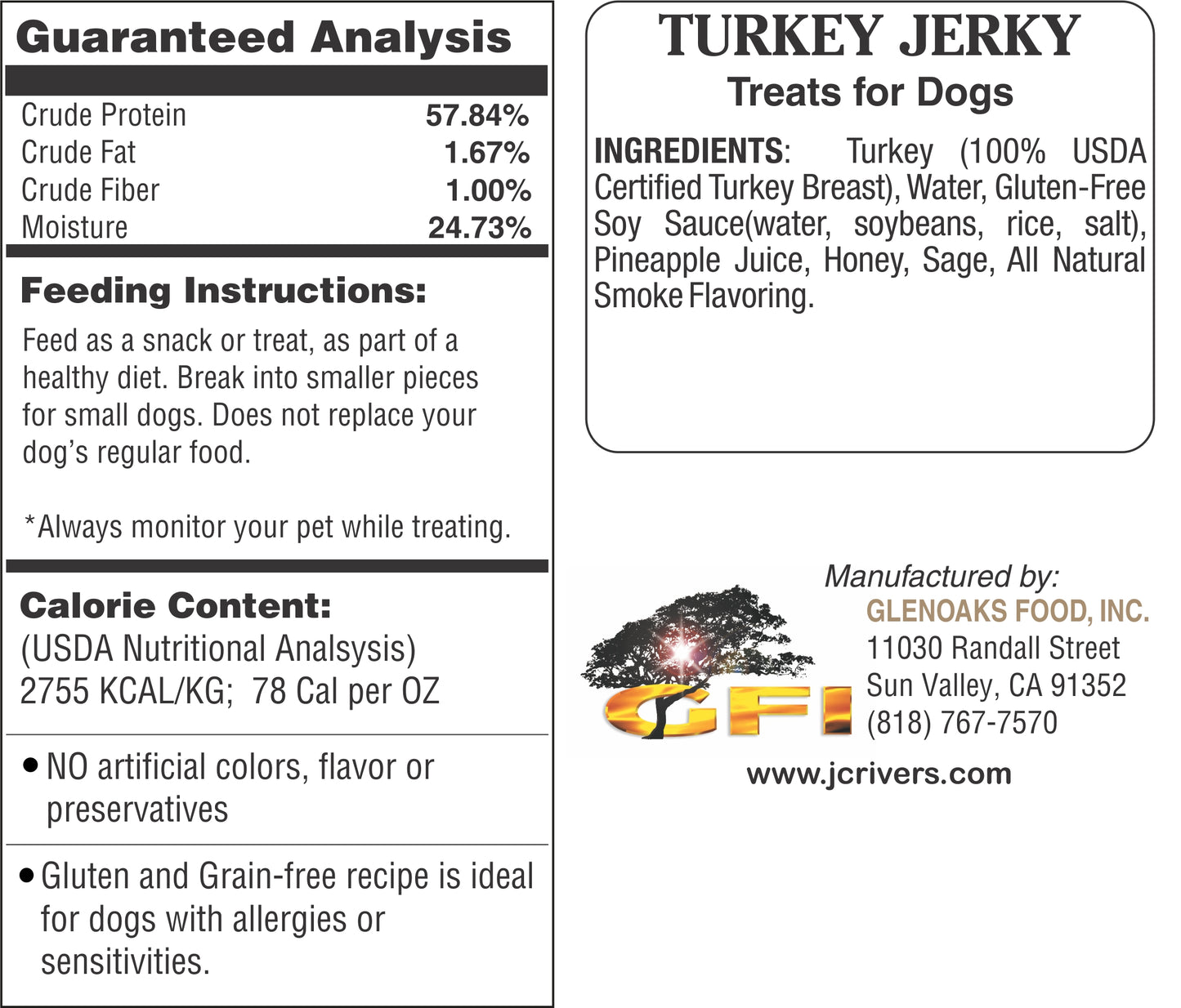 J.C. Rivers Treats for Dogs - TURKEY Jerky Nutritional Information