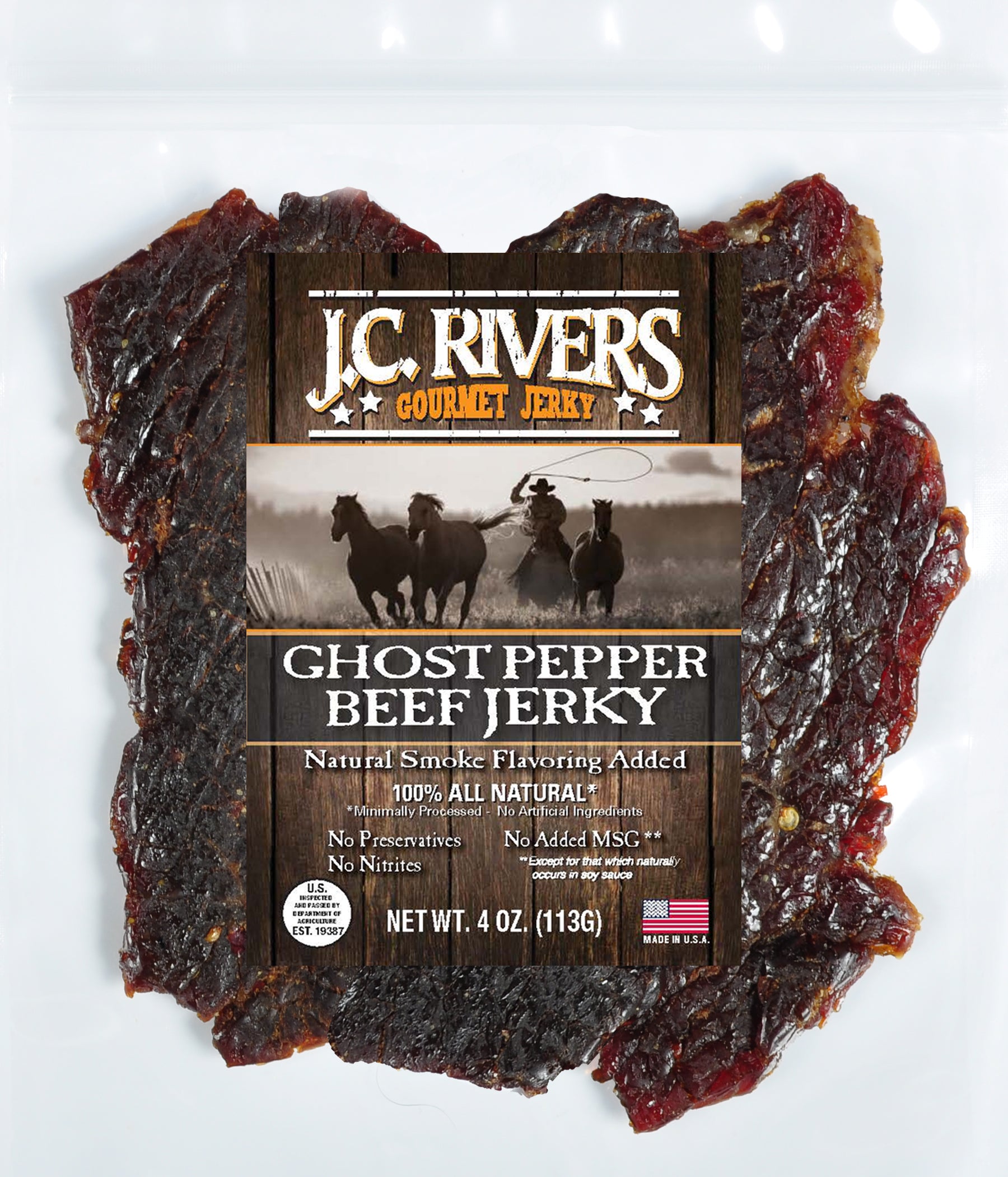 Packaging of J.C. Rivers Ghost Pepper Beef Jerky showing the product and brand logo, with a Scoville score of 1,041,427 SHU.