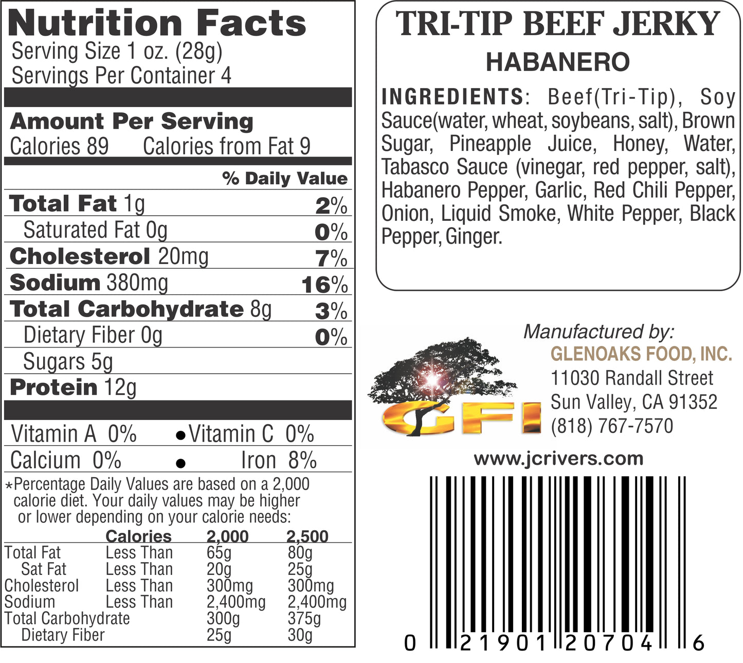 JC Rivers Habanero Tri-Tip Beef Jerky Nutritional Information