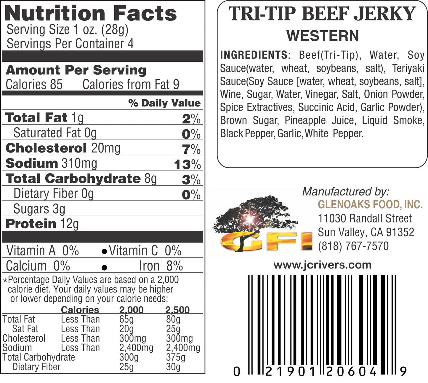 Western Beef Tri-Tip Jerky Nutritional Label