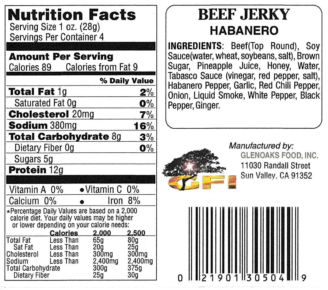 Habanero Beef Jerky Nutritional Information