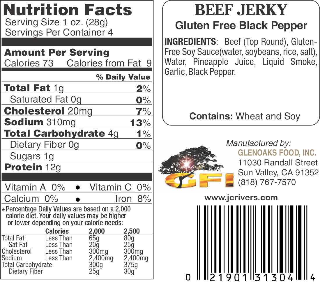 Nutrition facts label and ingredients list for beef jerky with a GFI logo.