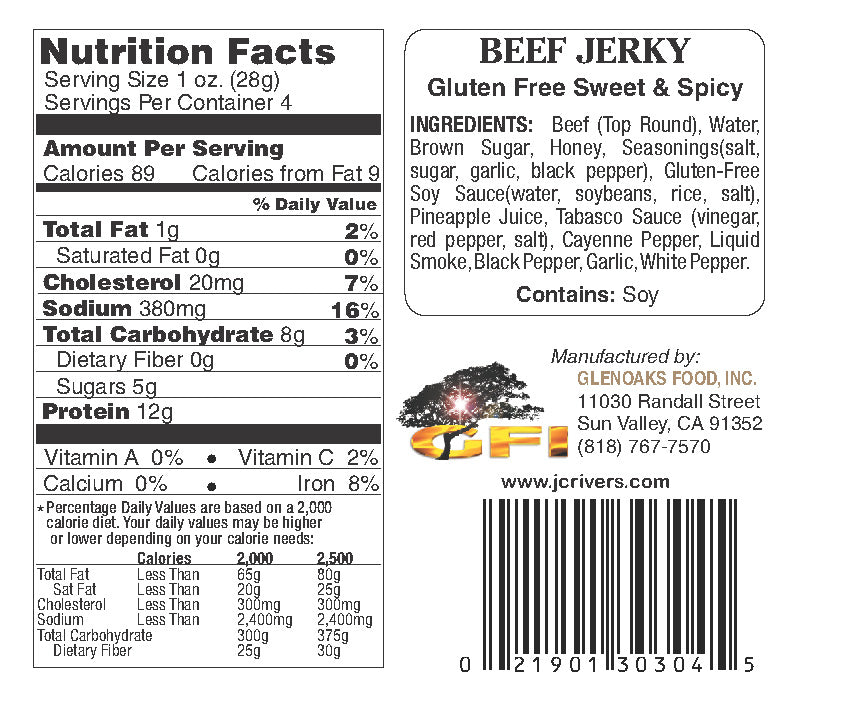 Nutrition facts label and ingredients list for beef jerky on a white background