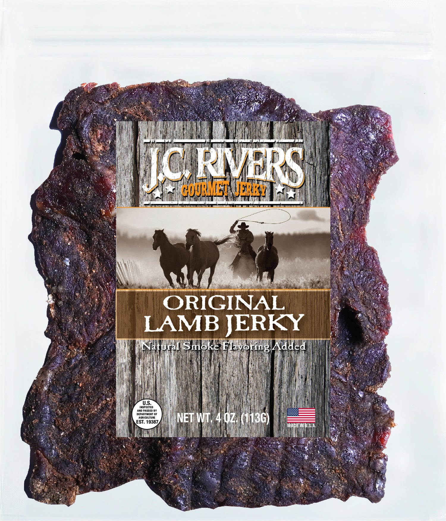 J.C. Rivers Gourmet Jerky Original Lamb Jerky package on a white background