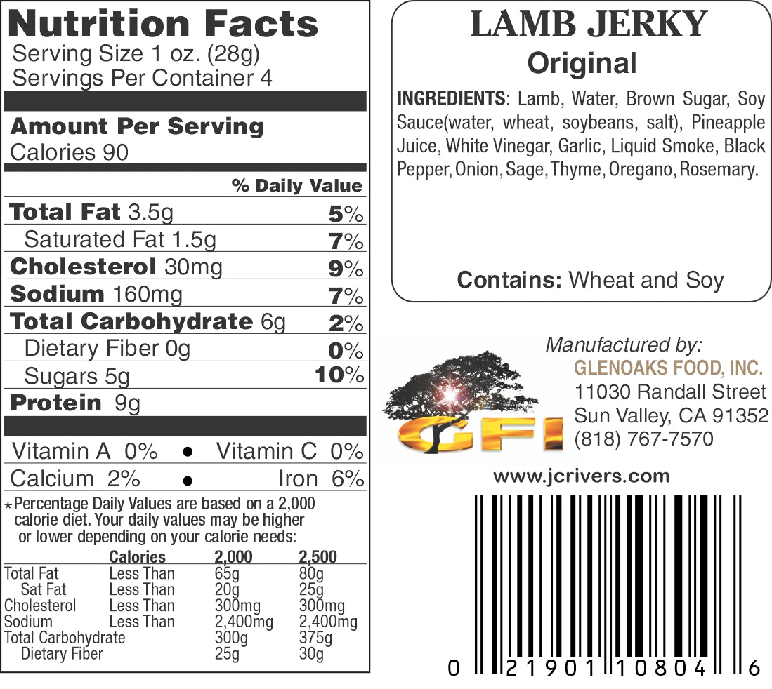 Nutrition facts label and ingredients list for lamb jerky on a white background
