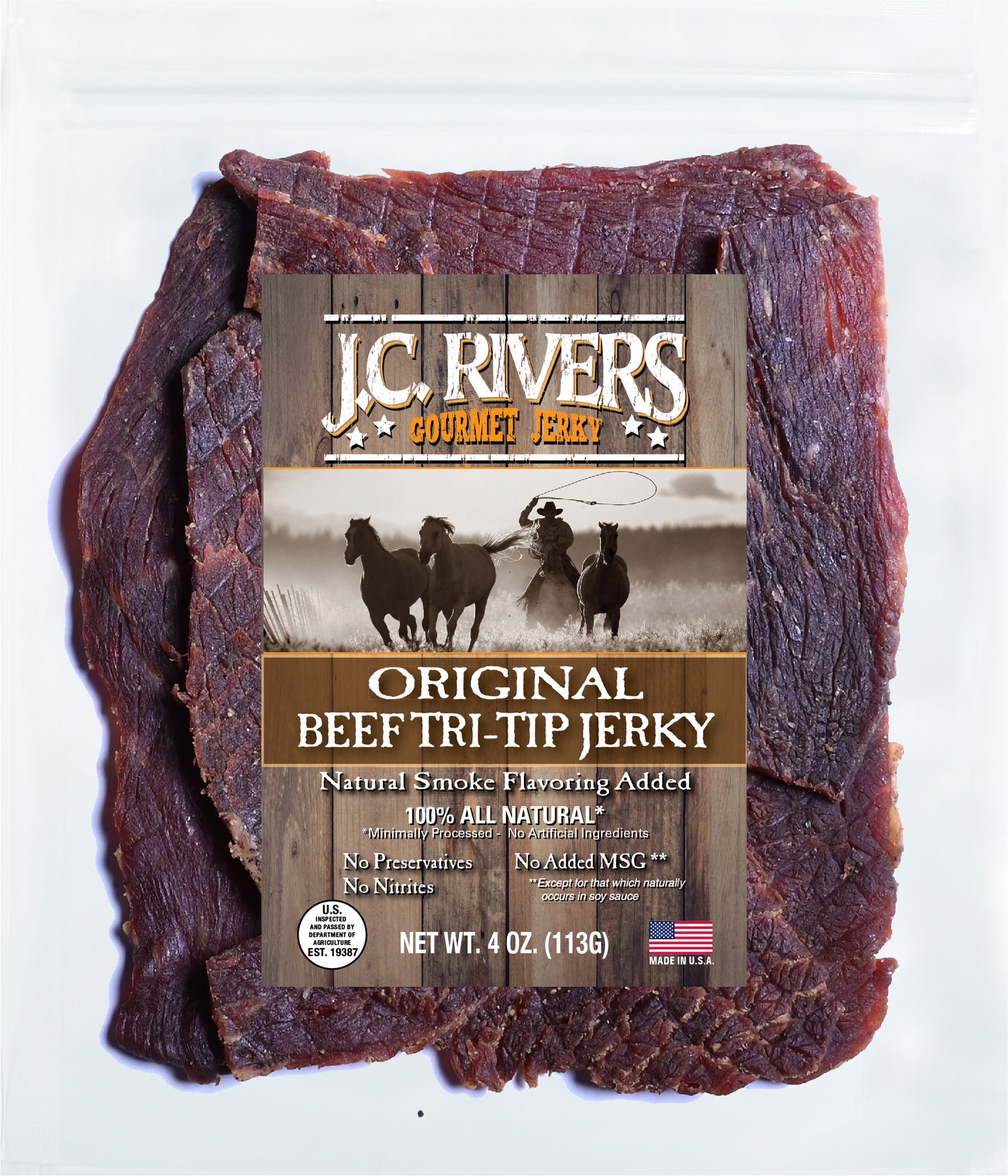 J.C. Rivers Gourmet Jerky Original Beef Tri-Tip Jerky packaging on a white background