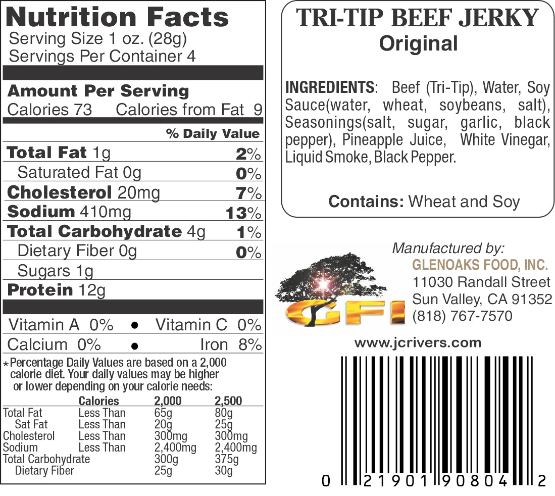Nutrition facts label and ingredients list for TRI-TIP BEEF JERKY Original on a white background.