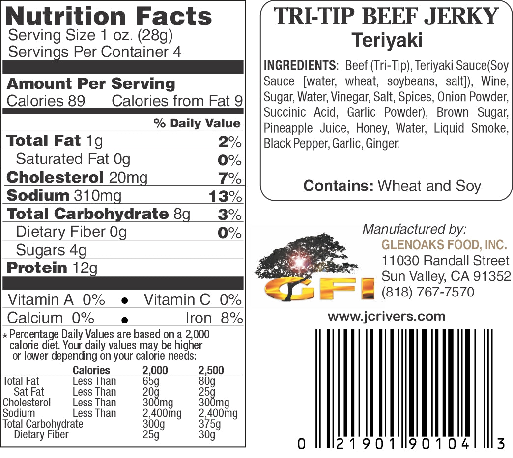 Nutrition facts label and ingredients list for Tri-Tip Beef Jerky Teriyaki on a white background.