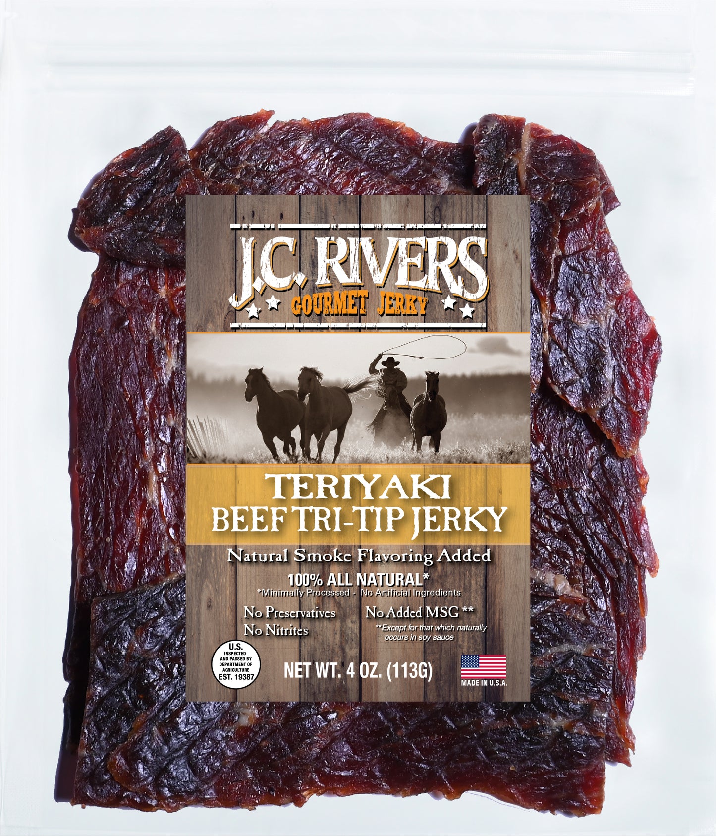 J.C. Rivers Teriyaki Beef Tri-Tip Jerky package on a white background