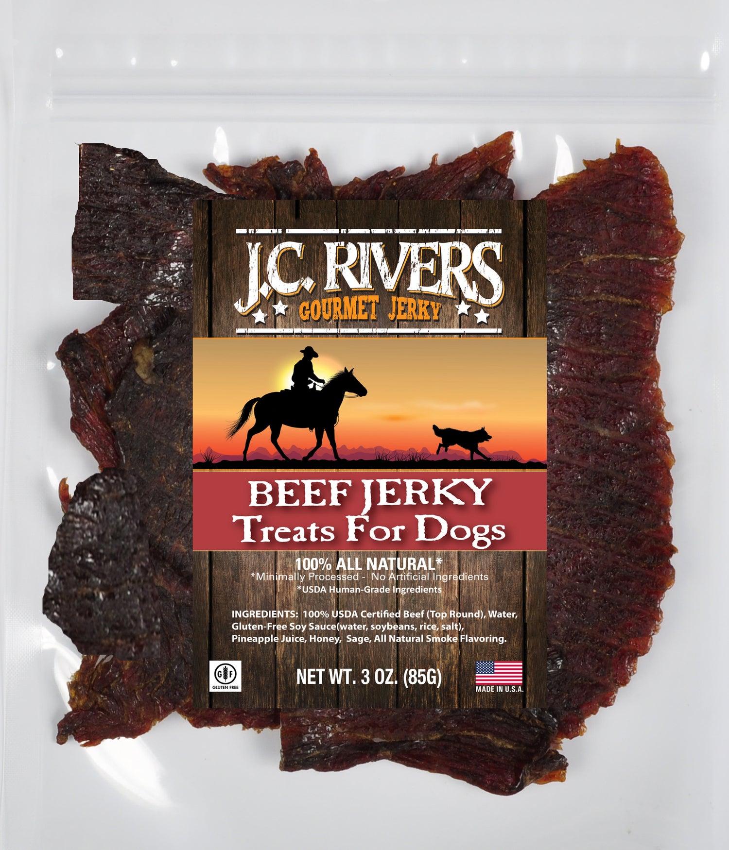 Packaging of J.C. Rivers Treats for Dogs - BEEF Jerky
