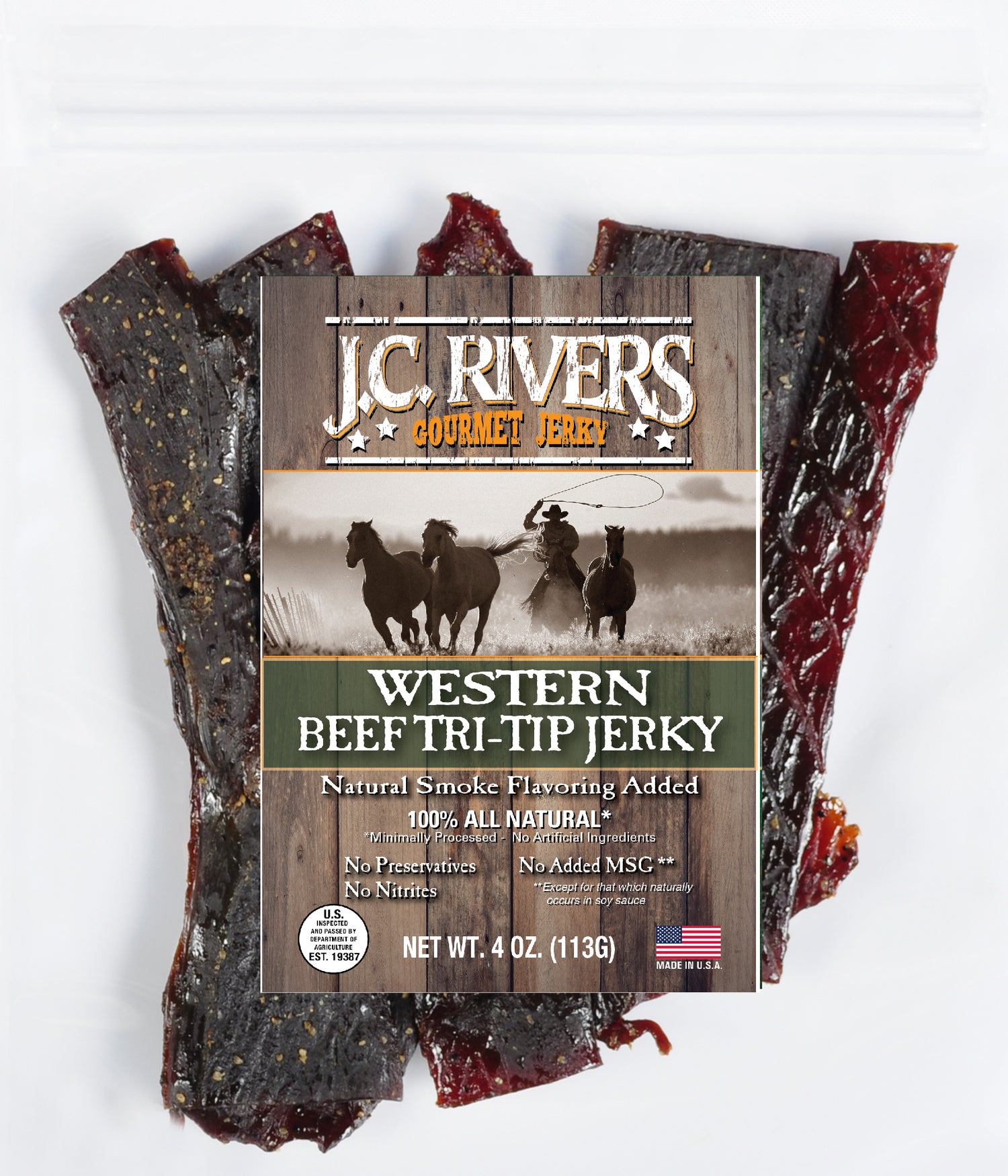 Packaged Western Beef Tri-Tip Jerky with visible slices of jerky and branding on the packaging.